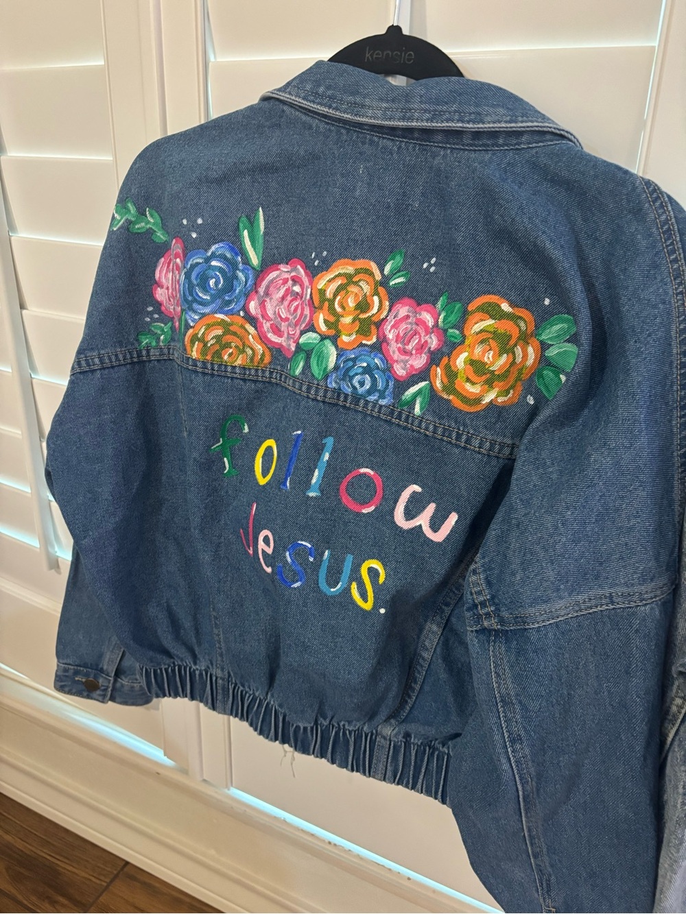 Jean Jacket with Hand-Painted Floral Art and 'Follow Jesus'